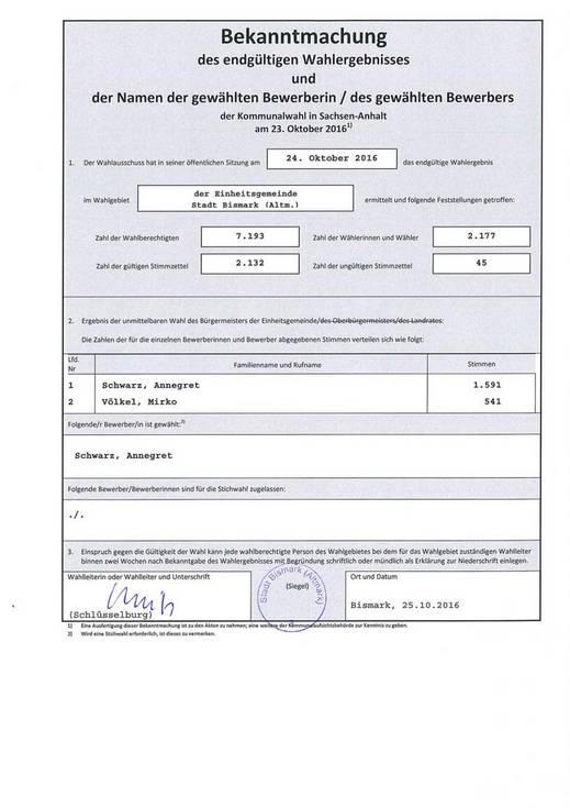 Bekanntmachung des endgültigen Wahlergebnisses und des Namens der gewählten Bewerberin