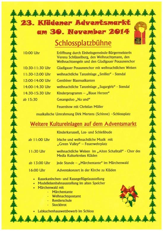 Kulturprogramm 23. Klädener Adventsmarkt 2014